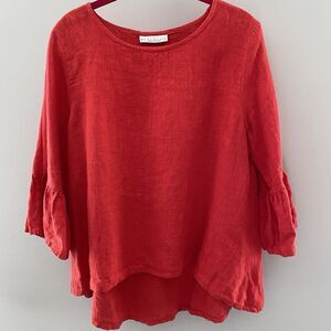 Bryn Walker Fran Linen Round Neck Ruffle 3/4 Bell Sleeve High-Low Blouse